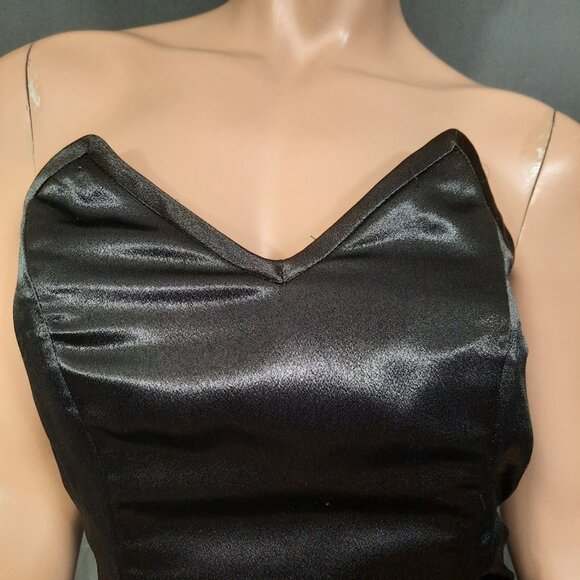 Vintage 80s Strapless Dress Black Satin Ruffled Prom Party Cocktail Size S - Picture 2 of 9